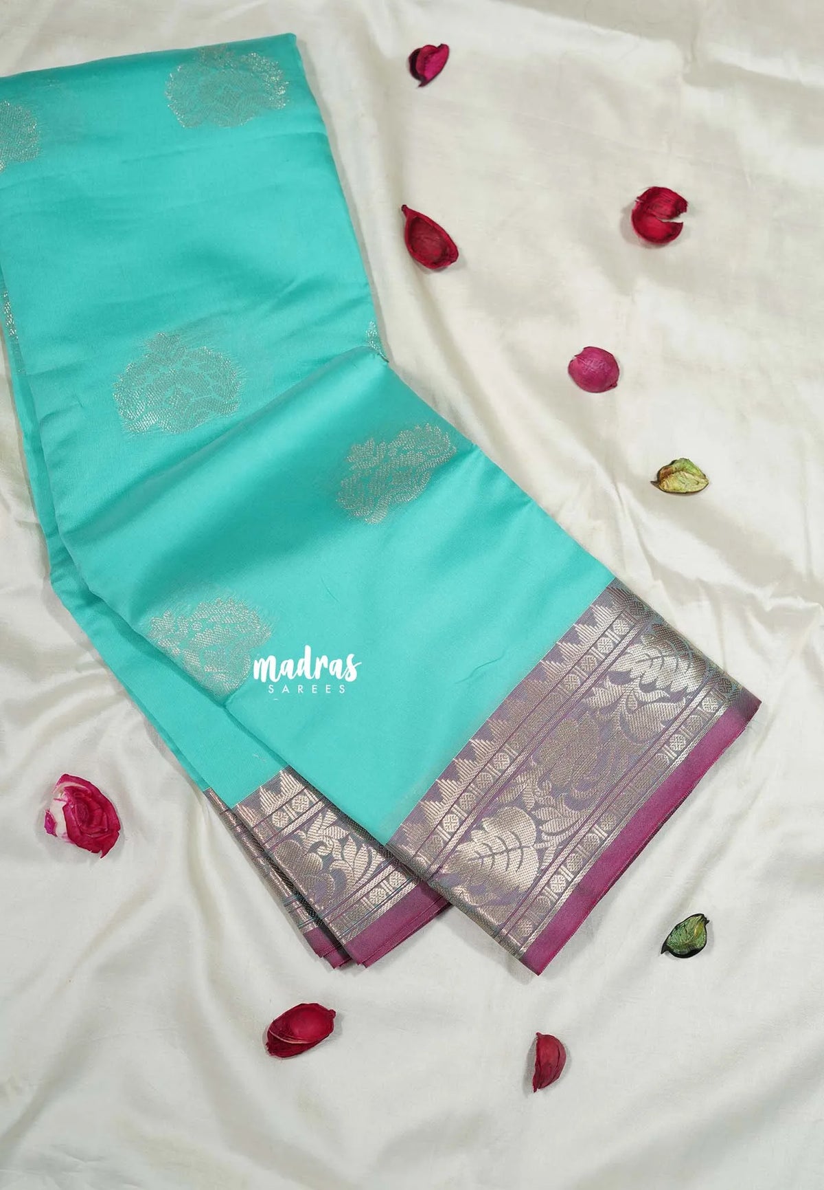 Aqua Green - Thendral - Kanchi Semi Soft Silk Contrast Pallu and Blouse Design 2 - Best for Small Functions
