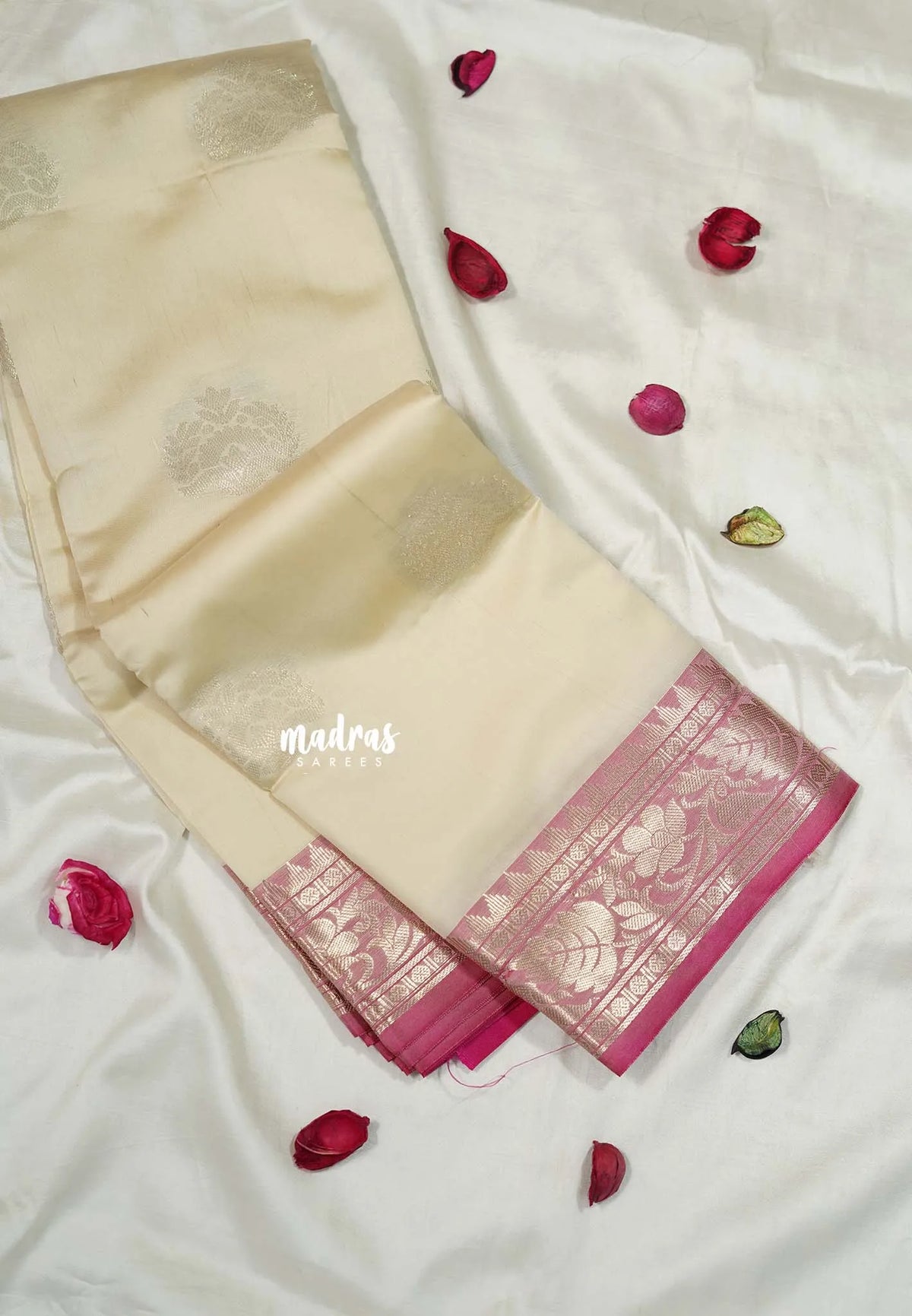 Ivory Beige - Thendral - Kanchi Semi Soft Silk Contrast Pallu and Blouse Design 2 - Best for Small Functions