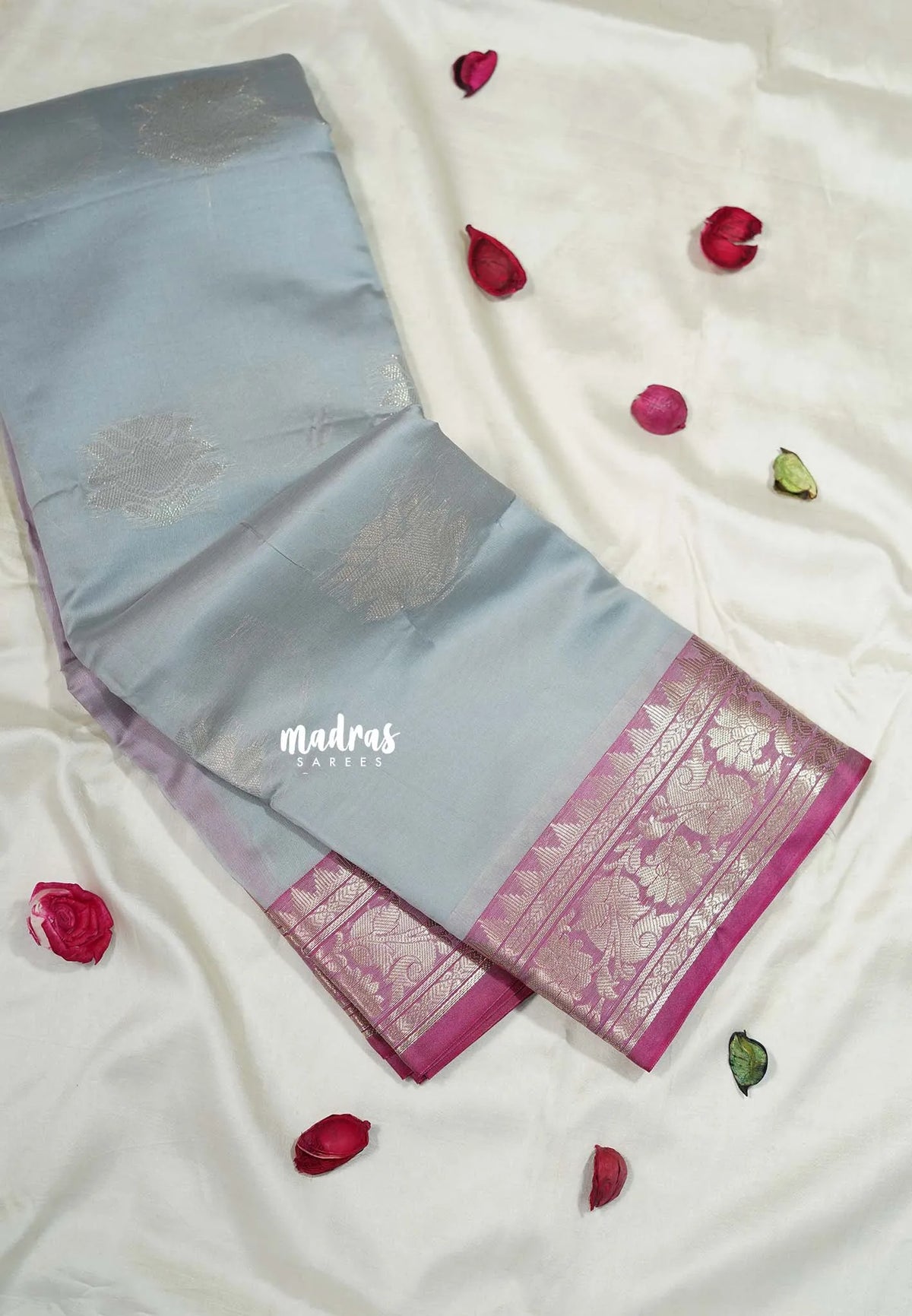 Steel Grey - Thendral - Kanchi Semi Soft Silk Contrast Pallu and Blouse Design 1 - Best for Small Functions