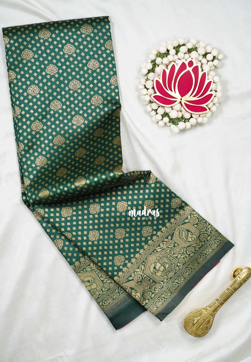 Dark Green with Mayil - Thendral - Kanchi Art Silk Saree with Mayil Border and Buttas - Perfect for Wedding Functions