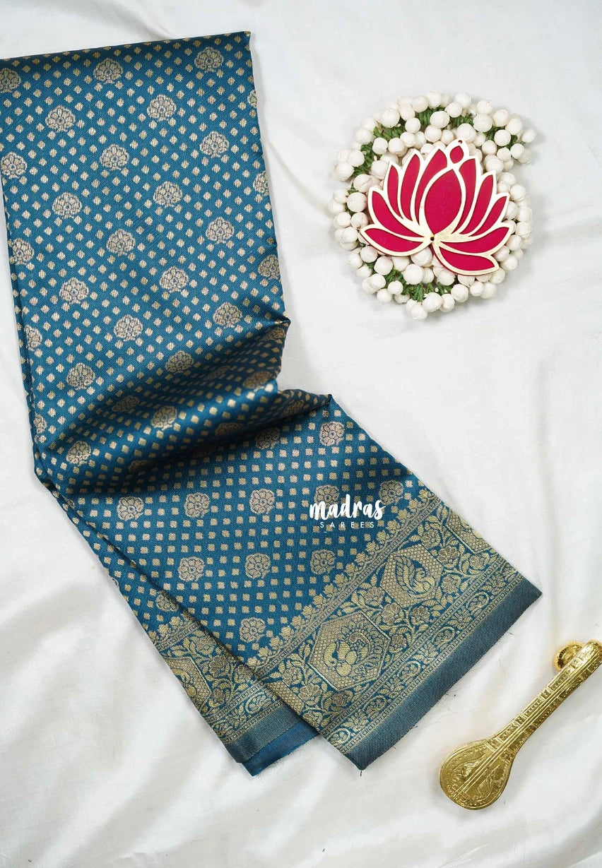 Deep Teal with Mayil - Thendral - Kanchi Art Silk Saree with Mayil Border and Buttas - Perfect for Wedding Functions