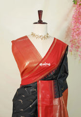Jet Black with Red - Thendral - Kanchi Semi Silk Saree with Rettapet Border - Perfect for Wedding Functions