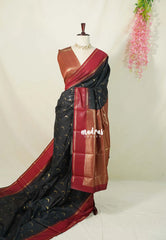 Jet Black with Maroon - Thendral - Kanchi Semi Silk Saree with Rettapet Border - Perfect for Wedding Functions