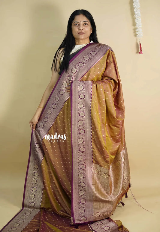 Dual Shade Mustard Yellow - Thendral - Kanchi soft silk with Floral border