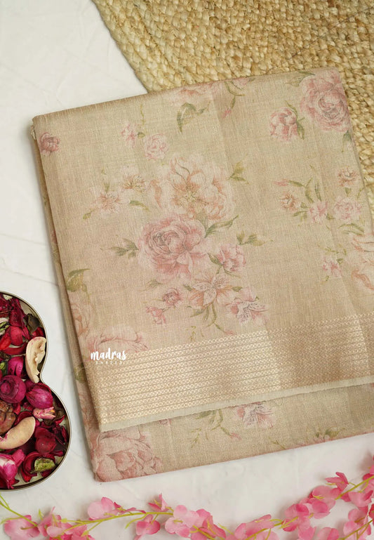 ANJALI - Tissue linen pastel colors with English Rose prints - Beige