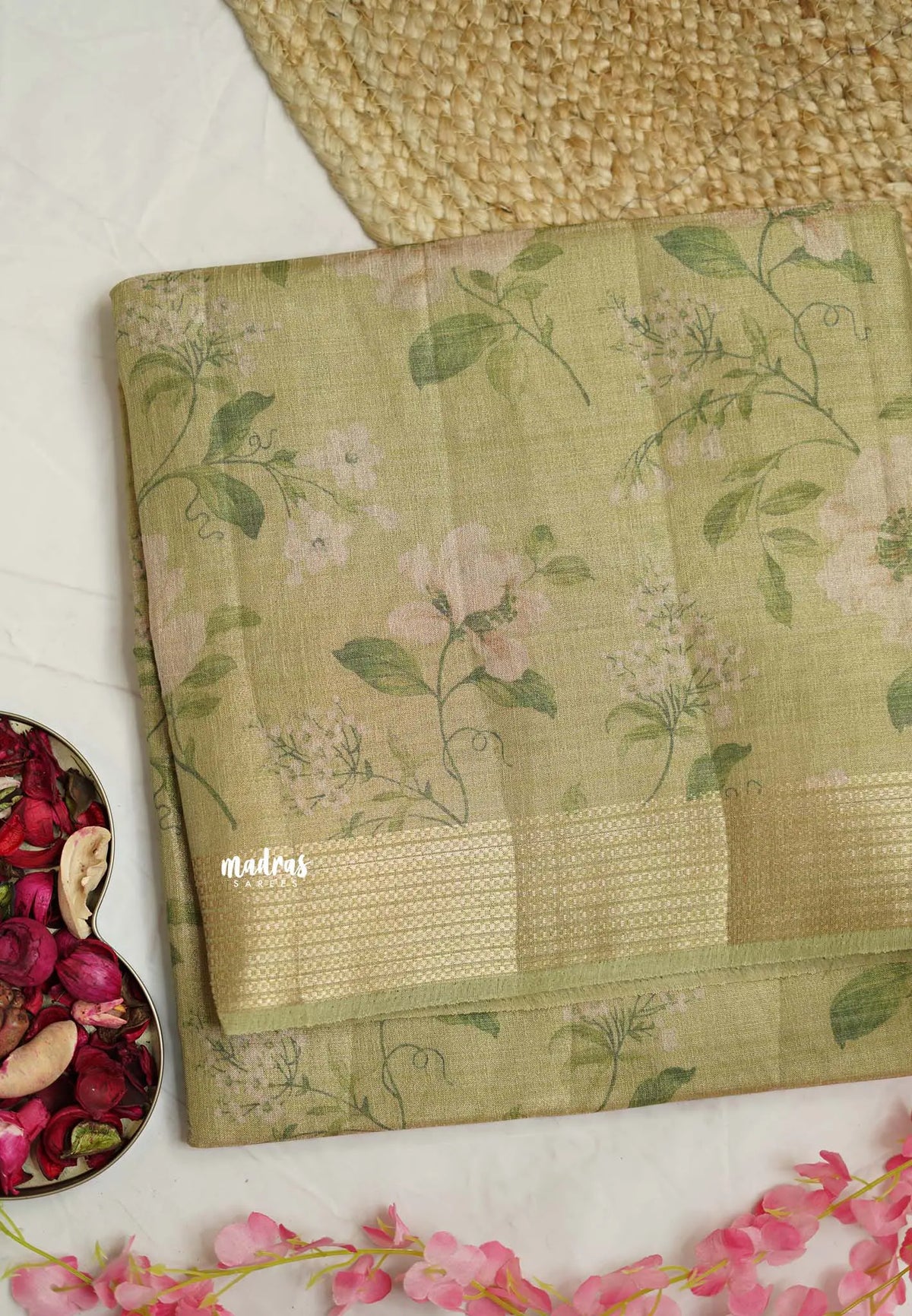 ANJALI - Tissue linen pastel colors with Cherry blossom prints - pista green