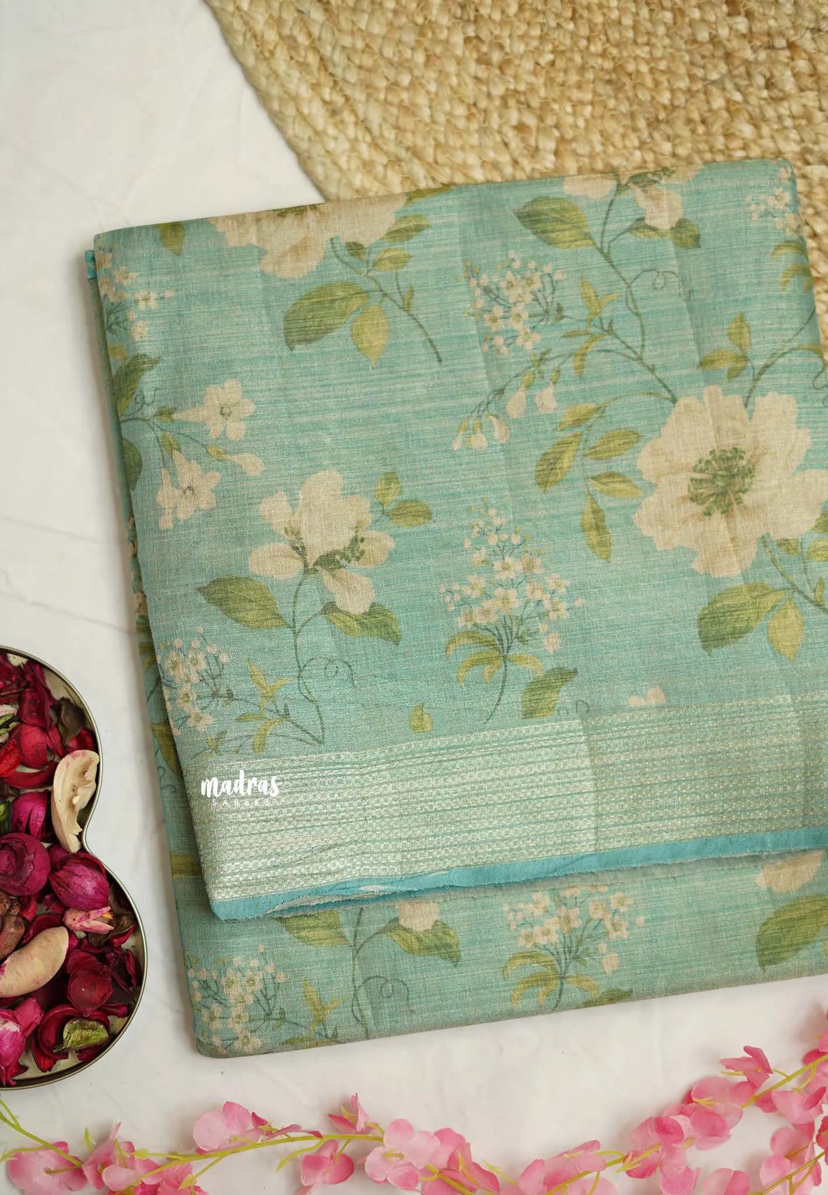 ANJALI - Tissue linen pastel colors with Cherry blossom prints - Teal blue