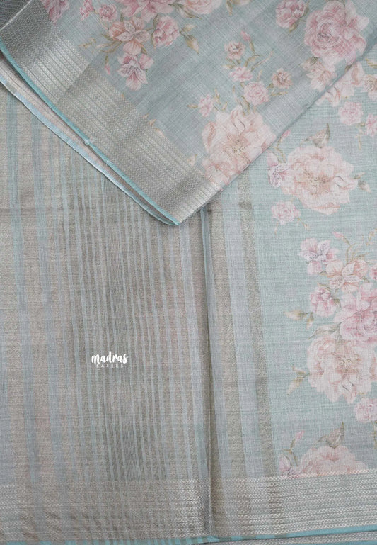 ANJALI - Tissue linen pastel colors with English Rose prints - Teal Blue