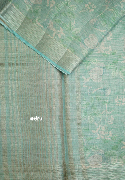 ANJALI - Tissue linen pastel colors with Leaf prints - Teal Blue