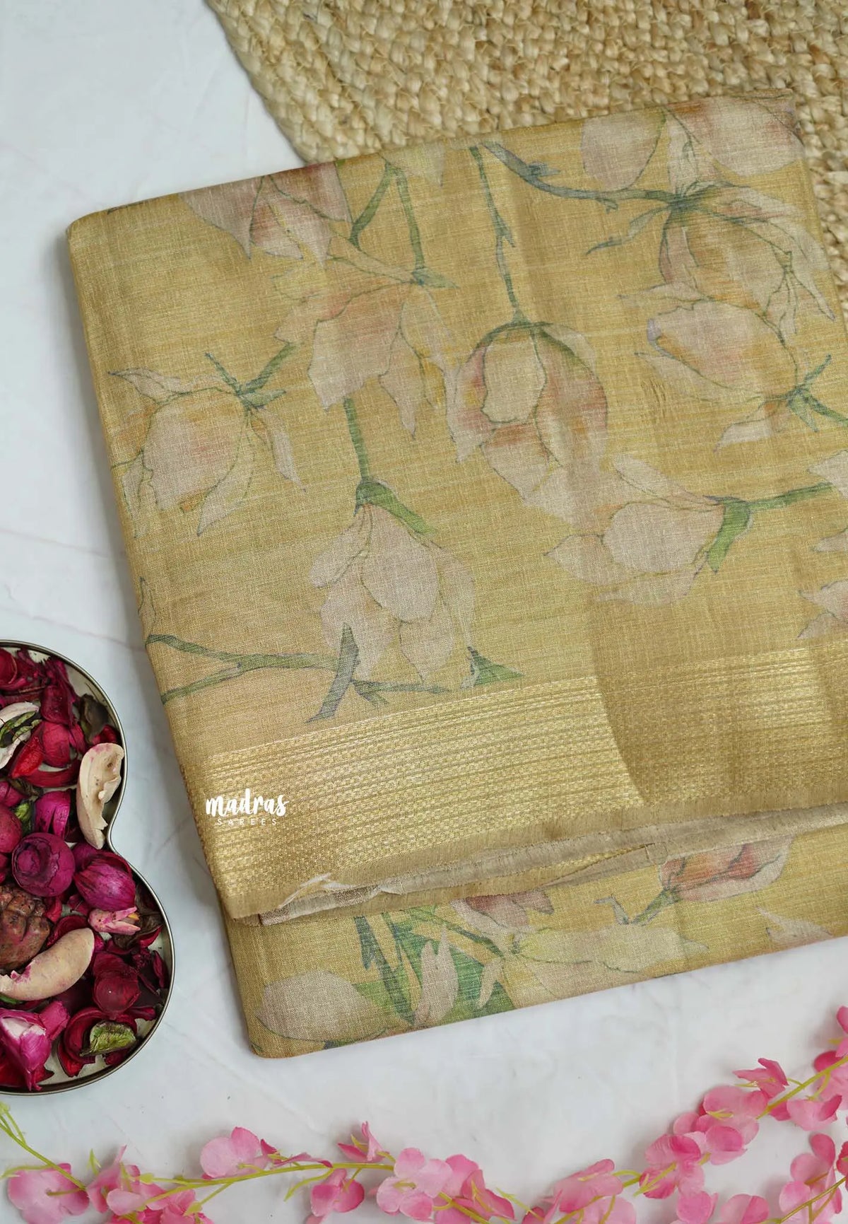 ANJALI - Tissue linen pastel colors with Lilly prints - Mild Golden Yellow