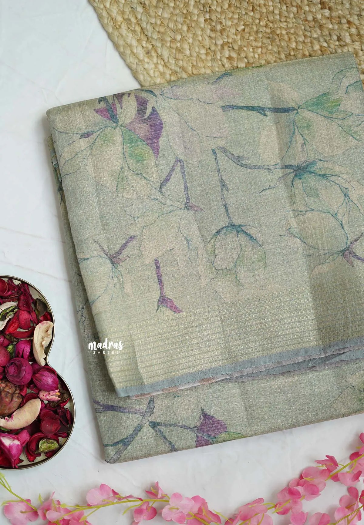 ANJALI - Tissue linen pastel colors with Lilly prints - Teal green