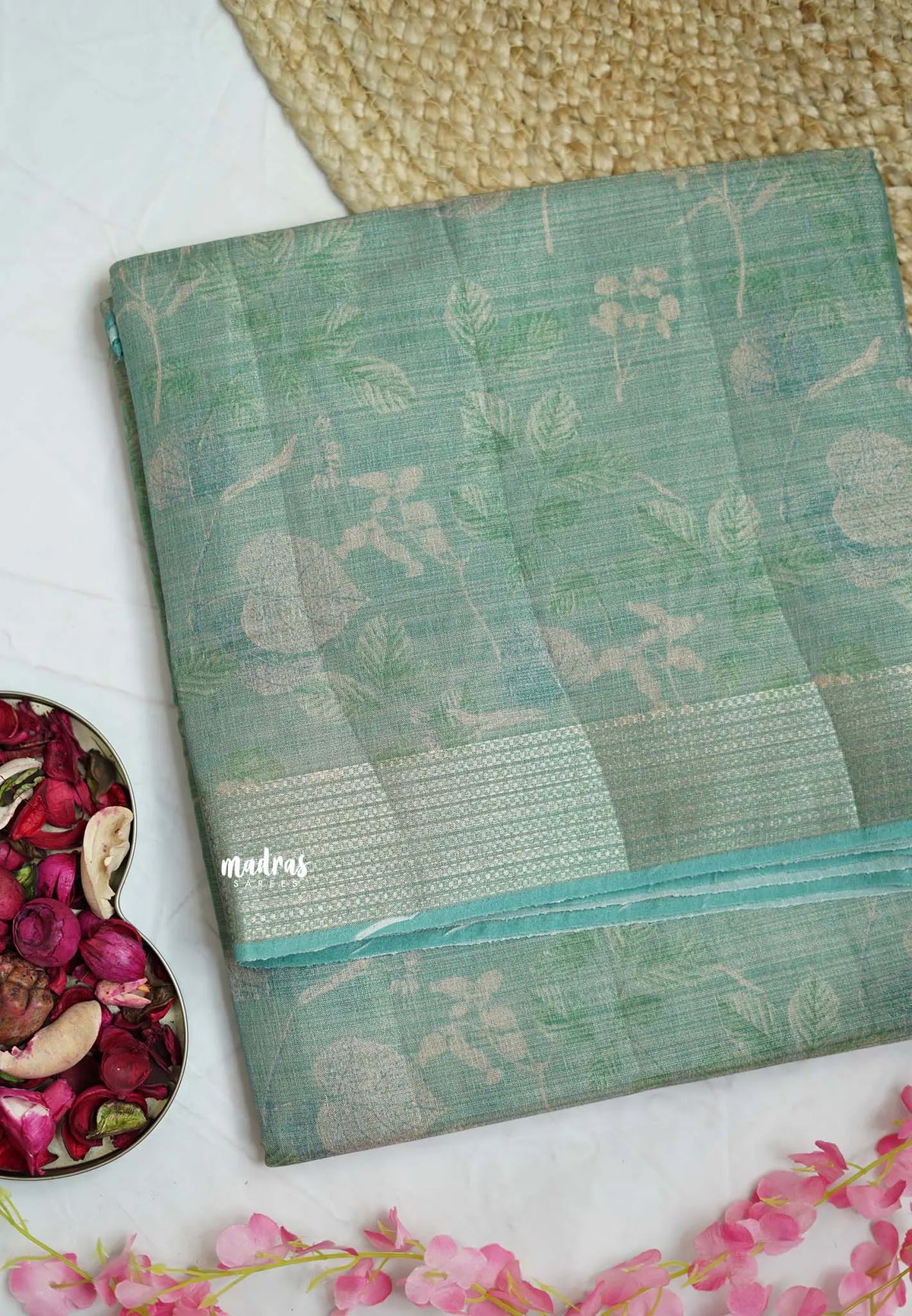 ANJALI - Tissue linen pastel colors with Leaf prints - Teal Blue