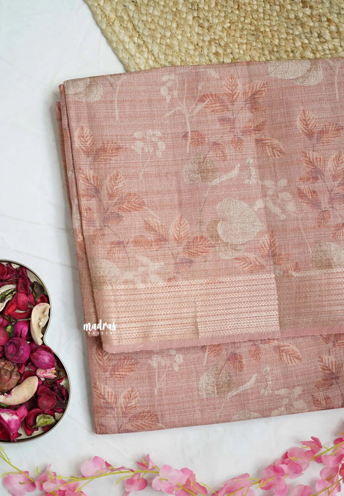 ANJALI - Tissue linen pastel colors with Leaf prints - Peach pink