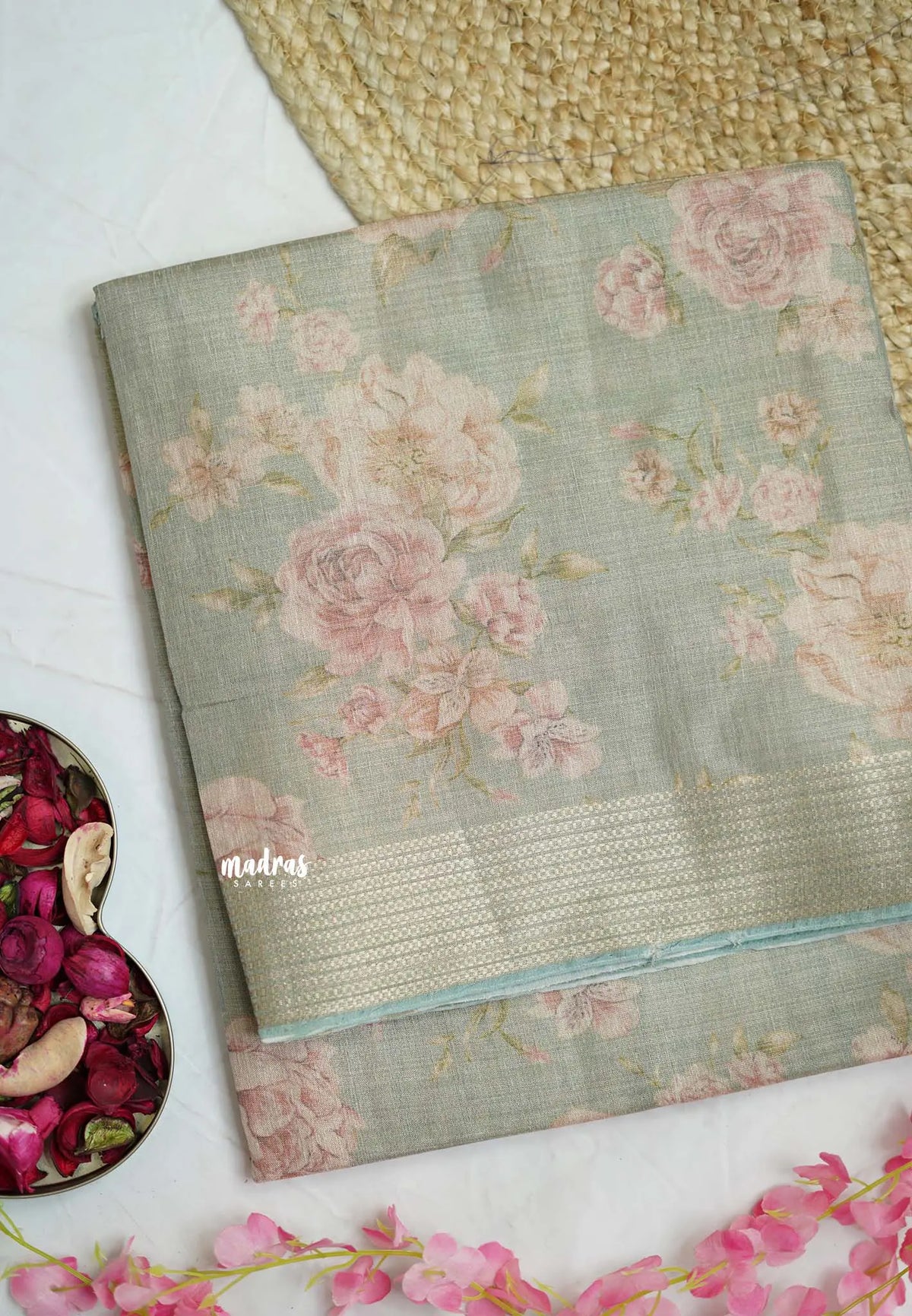 ANJALI - Tissue linen pastel colors with English Rose prints - Teal Blue