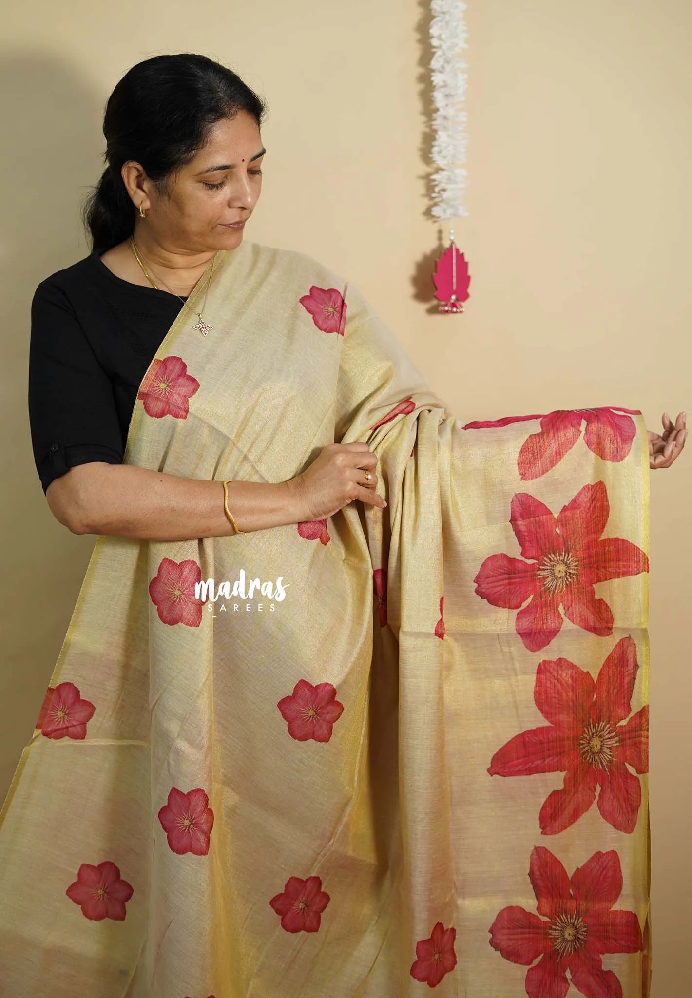 Beige with Gold - ANJALI - Tissue linen with floral Digital prints