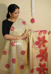 Beige with Gold - ANJALI - Tissue linen with floral Digital prints