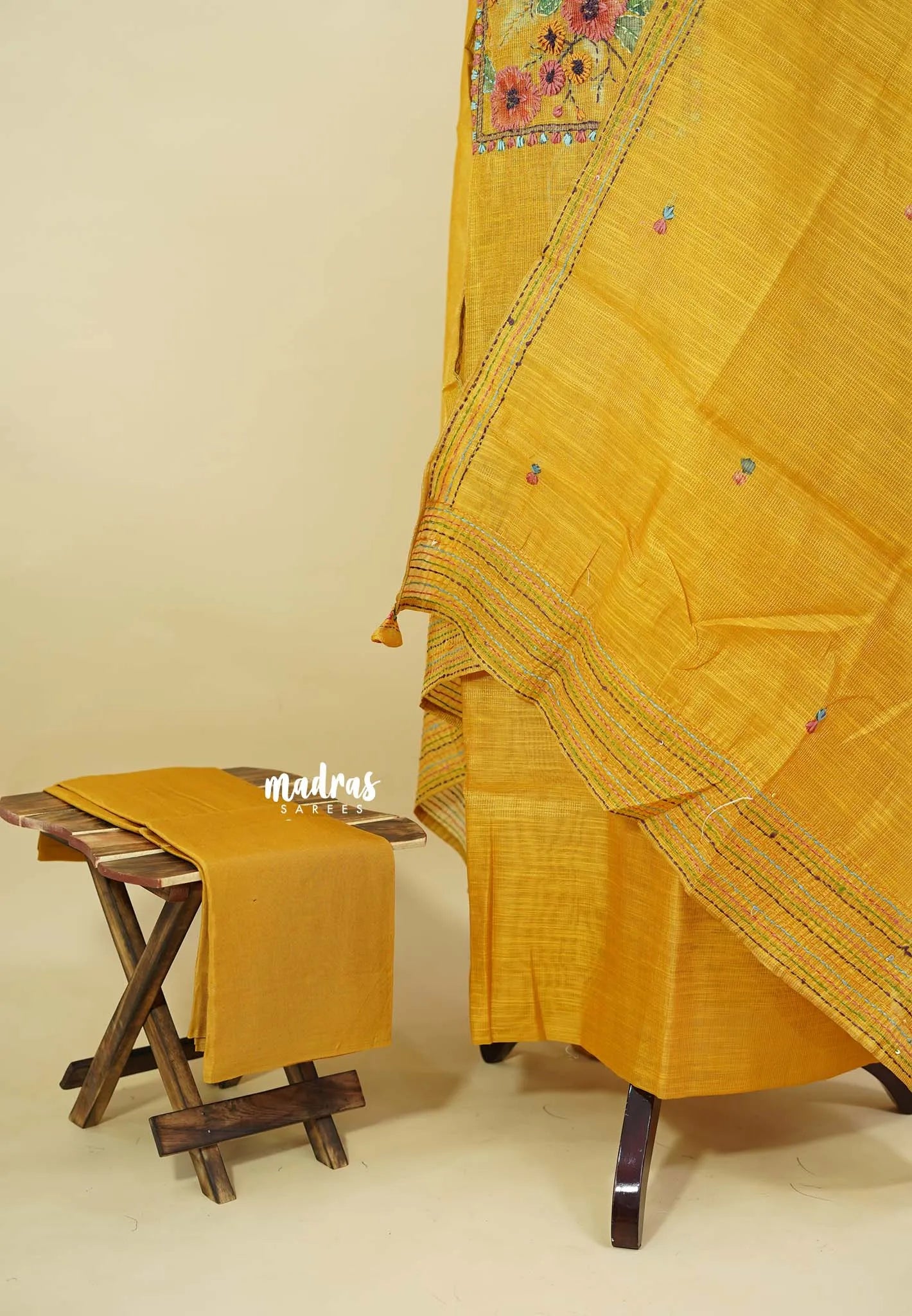 Amitha – Magic Mustard Yellow Tissue Linen Salwar Suit French Knot  Hand Embroidery Yoke
