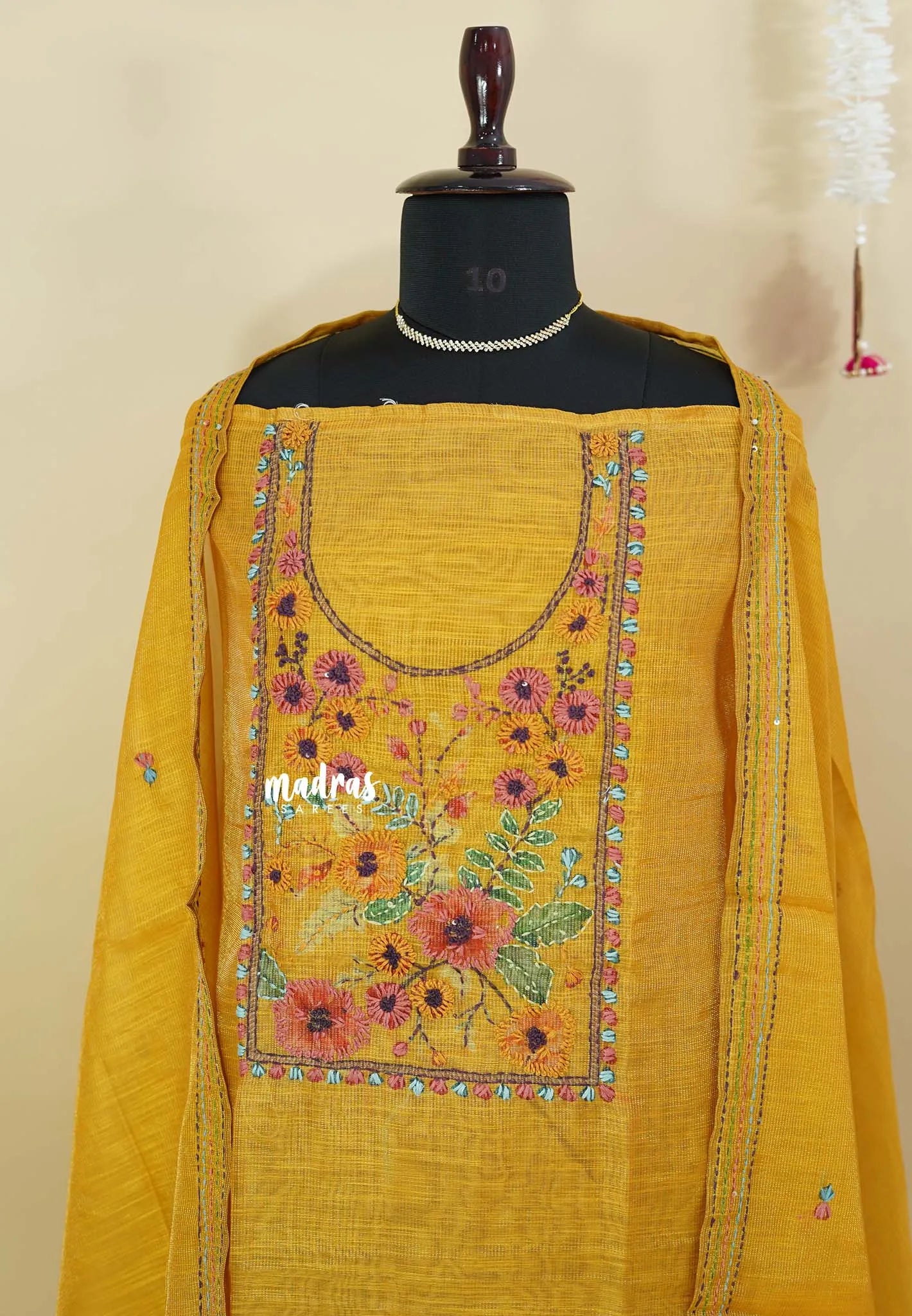 Amitha – Magic Mustard Yellow Tissue Linen Salwar Suit French Knot  Hand Embroidery Yoke