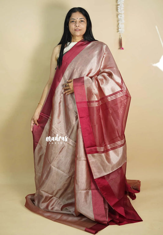 Maroon and Silver  - Soft Organza Tissue Silk Contrast Pallu and Blouse