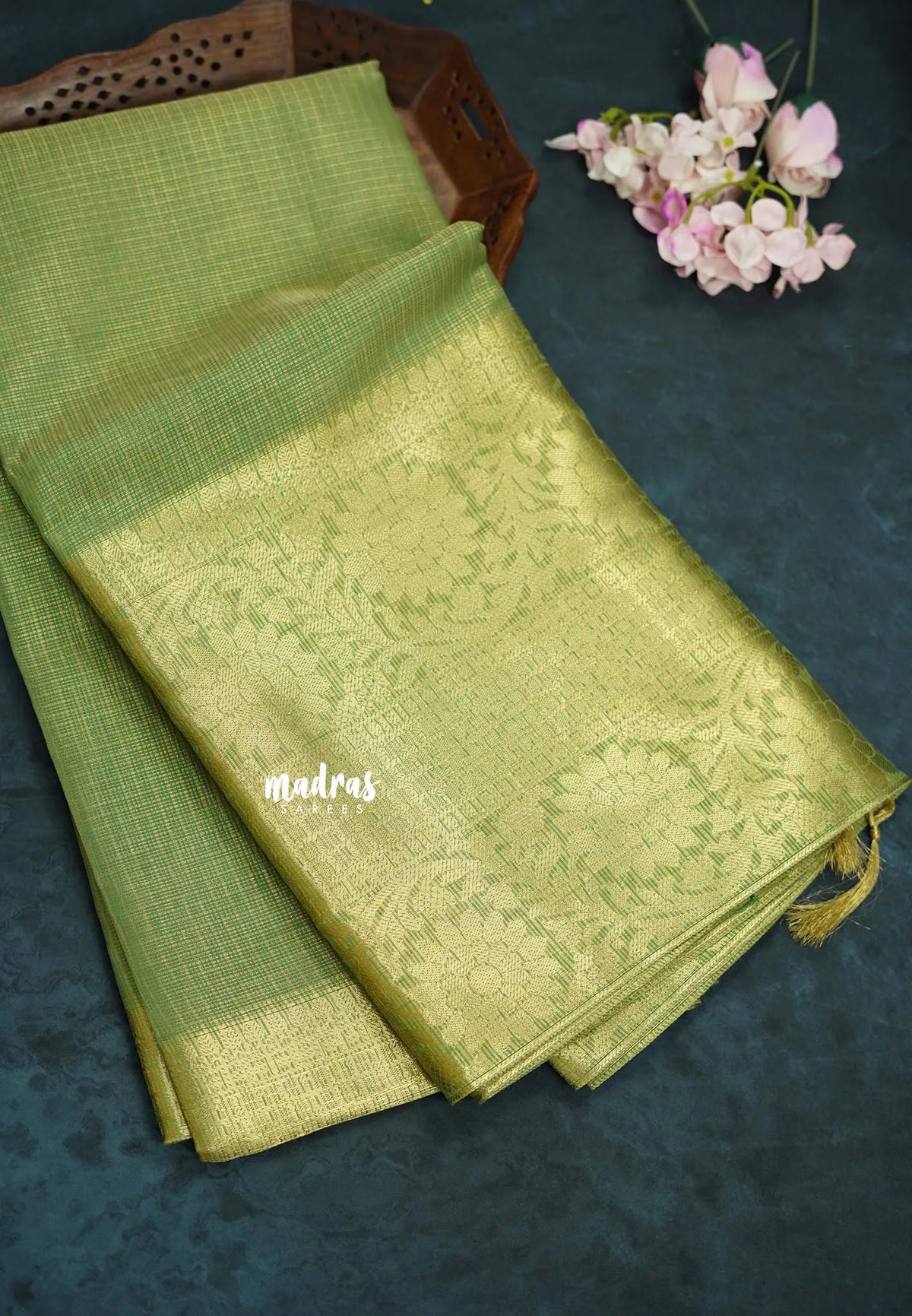 Classic Green with Gold - Tissue silk saree Silver Zari Boder - Best for Special Celebrations