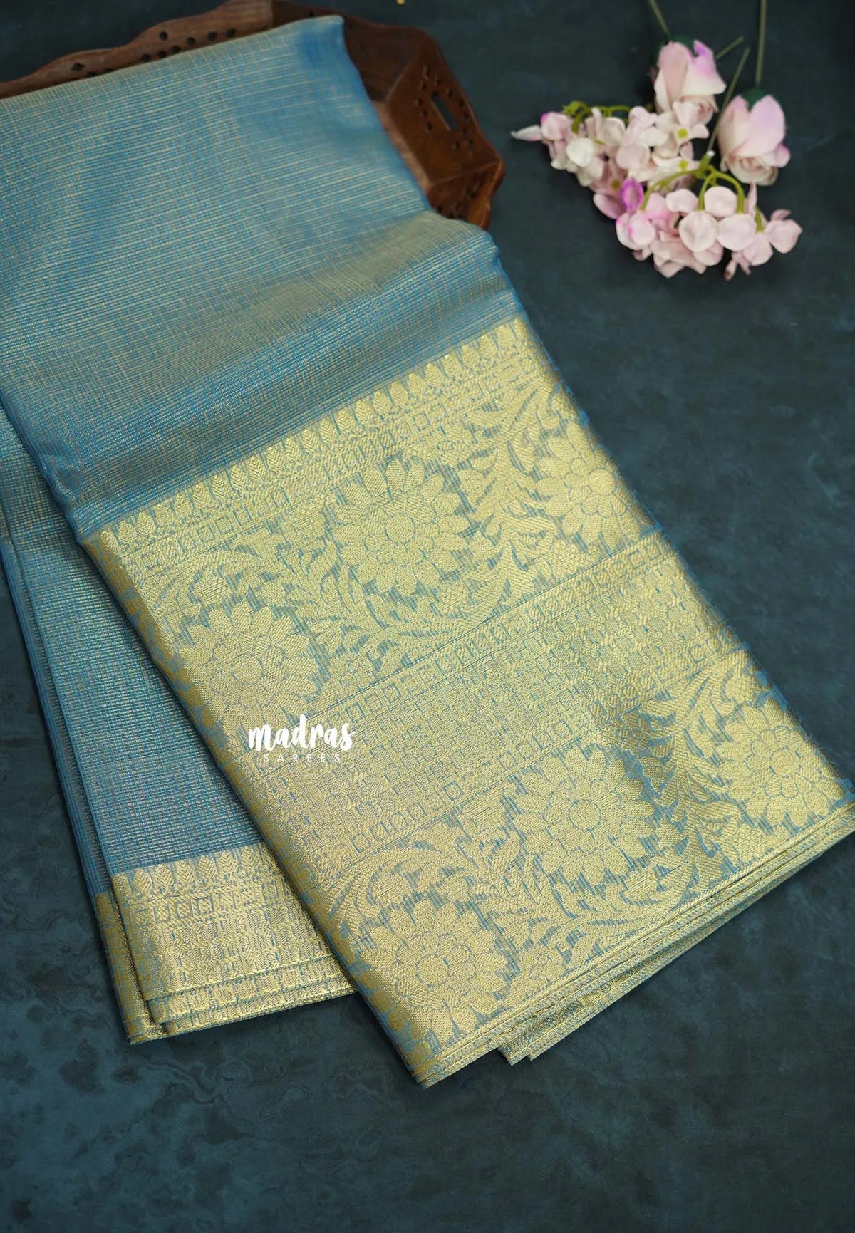 Peacock Blue with Gold - Tissue silk saree Silver Zari Boder - Best for Special Celebrations