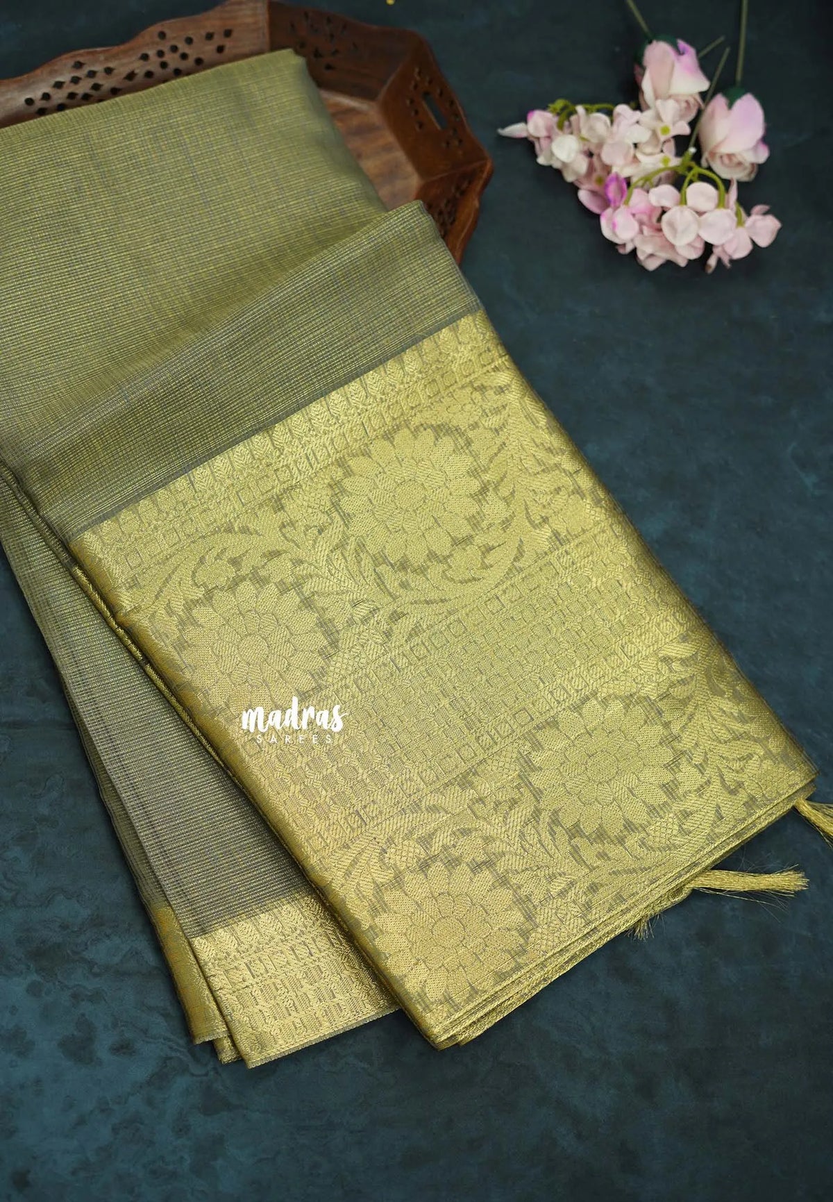 Grey with Gold - Tissue silk saree Silver Zari Boder - Best for Special Celebrations