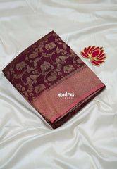 Pinkish Maroon - Durga - Traditional Banarasi Khadi Georgette Silk Saree Mayil Border with Elephant, Peacock & Birds Buttas - Perfect for Diwali Festive | Wedding Functions