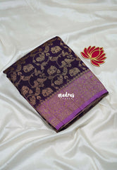 Midnight Purple - Durga - Traditional Banarasi Khadi Georgette Silk Saree Mayil Border with Elephant, Peacock & Birds Buttas - Perfect for Diwali Festive | Wedding Functions