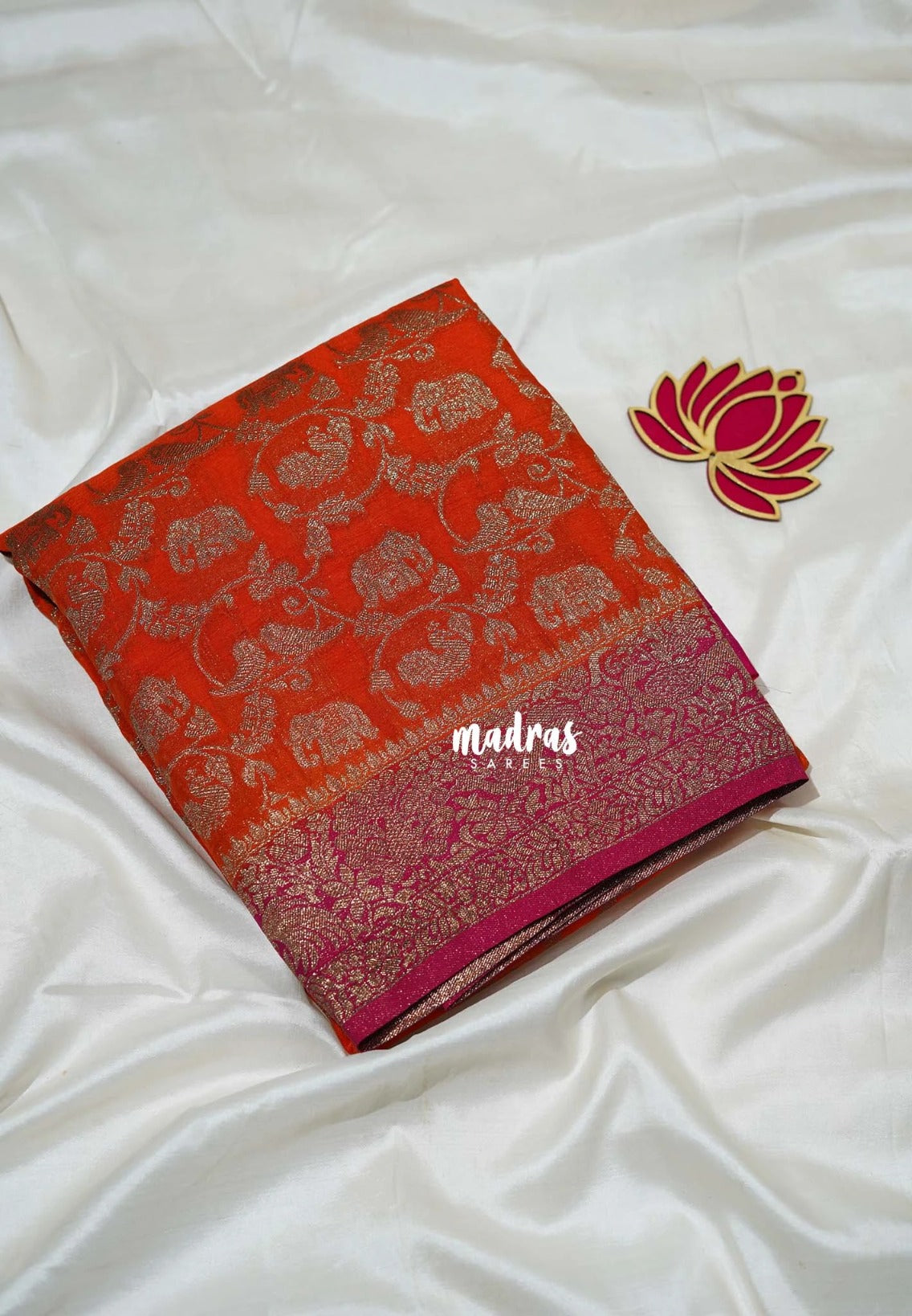 Sunset Orange - Durga - Traditional Banarasi Khadi Georgette Silk Saree Mayil Border with Elephant, Peacock & Birds Buttas - Perfect for Diwali Festive | Wedding Functions