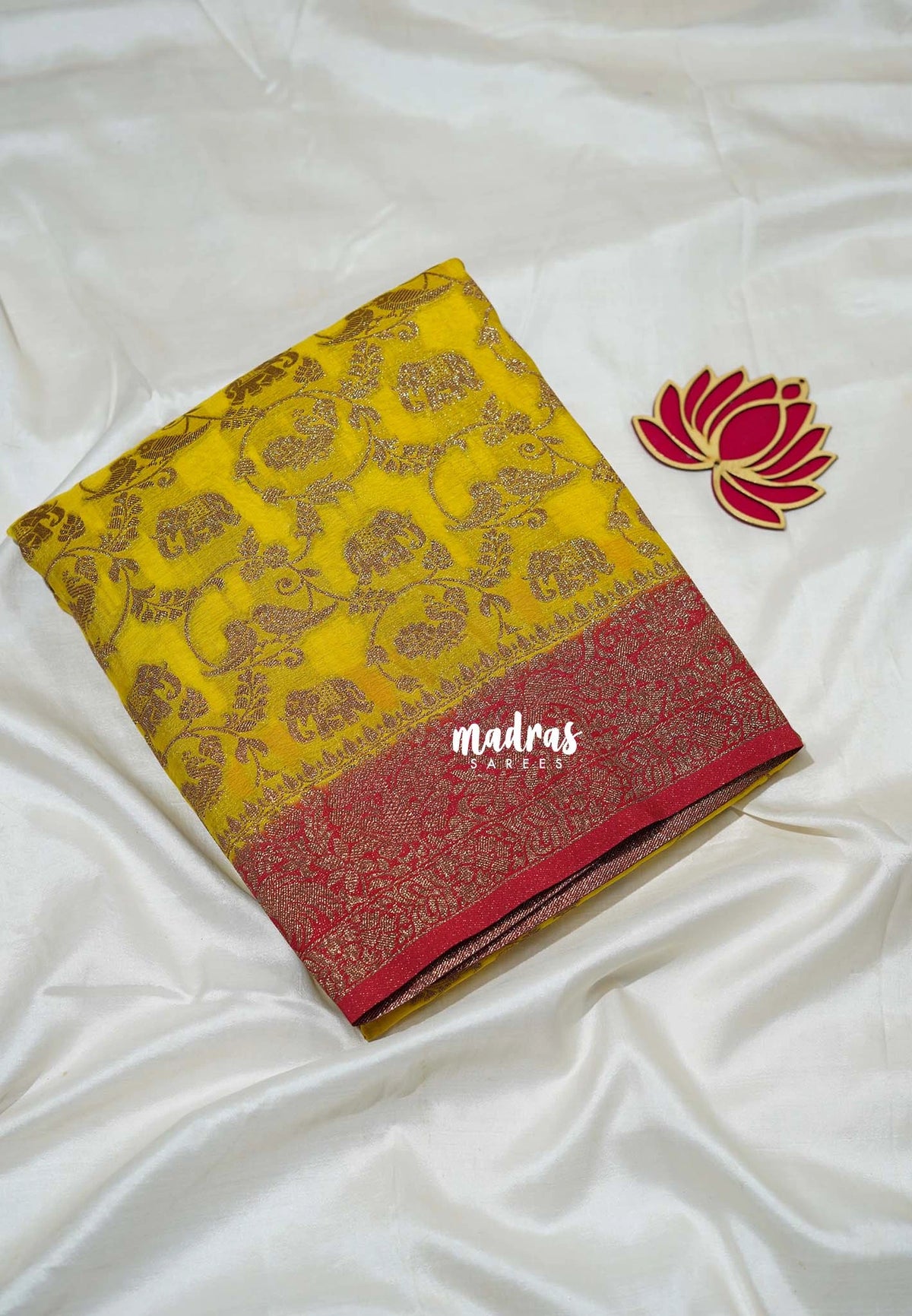 Paris Yellow - Durga - Traditional Banarasi Khadi Georgette Silk Saree Mayil Border with Elephant, Peacock & Birds Buttas - Perfect for Diwali Festive | Wedding Functions
