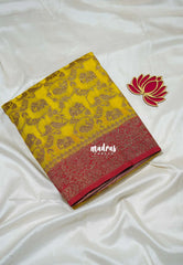Paris Yellow - Durga - Traditional Banarasi Khadi Georgette Silk Saree Mayil Border with Elephant, Peacock & Birds Buttas - Perfect for Diwali Festive | Wedding Functions