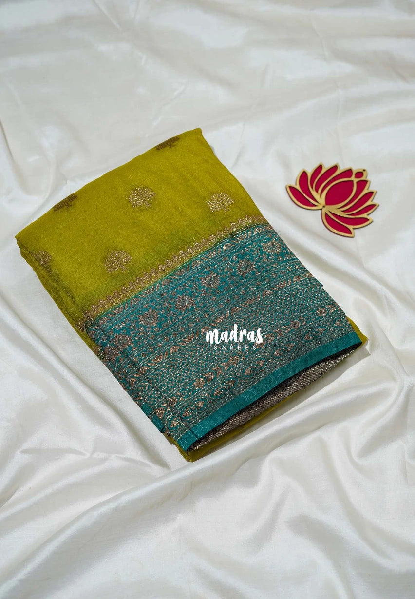 Muted Sap Green - Durga - Traditional Banarasi Khadi Georgette Silk Saree Floral Border with Contrast Pallu and Blouse & Buttas - Perfect for Diwali Festive | Wedding Functions