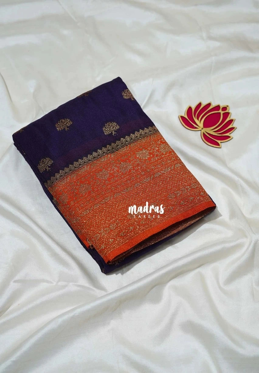 Deep Jamun Purple - Durga - Traditional Banarasi Khadi Georgette Silk Saree Floral Border with Contrast Pallu and Blouse & Buttas - Perfect for Diwali Festive | Wedding Functions