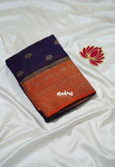Deep Jamun Purple - Durga - Traditional Banarasi Khadi Georgette Silk Saree Floral Border with Contrast Pallu and Blouse & Buttas - Perfect for Diwali Festive | Wedding Functions