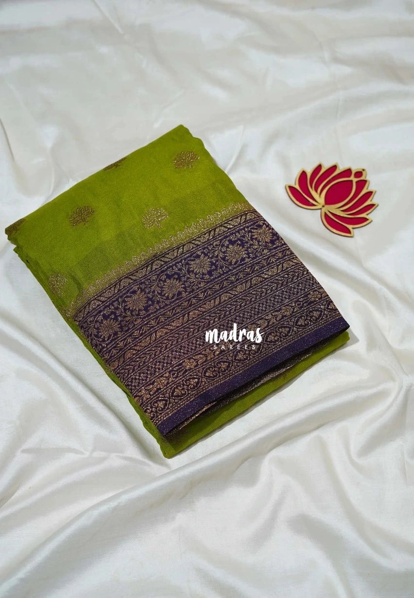 Fresh Leaf Green - Durga - Traditional Banarasi Khadi Georgette Silk Saree Floral Border with Contrast Pallu and Blouse & Buttas - Perfect for Diwali Festive | Wedding Functions