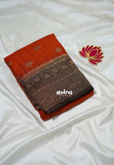 Rust Orange - Durga - Traditional Banarasi Khadi Georgette Silk Saree Floral Border with Contrast Pallu and Blouse & Buttas - Perfect for Diwali Festive | Wedding Functions
