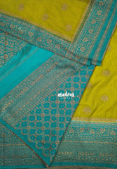 Muted Sap Green - Durga - Traditional Banarasi Khadi Georgette Silk Saree Floral Border with Contrast Pallu and Blouse & Buttas - Perfect for Diwali Festive | Wedding Functions