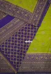 Fresh Leaf Green - Durga - Traditional Banarasi Khadi Georgette Silk Saree Floral Border with Contrast Pallu and Blouse & Buttas - Perfect for Diwali Festive | Wedding Functions
