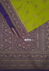 Fresh Leaf Green - Durga - Traditional Banarasi Khadi Georgette Silk Saree Floral Border with Contrast Pallu and Blouse & Buttas - Perfect for Diwali Festive | Wedding Functions