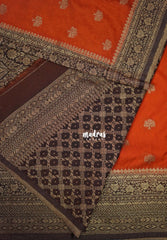 Rust Orange - Durga - Traditional Banarasi Khadi Georgette Silk Saree Floral Border with Contrast Pallu and Blouse & Buttas - Perfect for Diwali Festive | Wedding Functions
