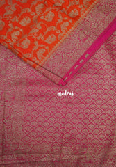 Sunset Orange - Durga - Traditional Banarasi Khadi Georgette Silk Saree Mayil Border with Elephant, Peacock & Birds Buttas - Perfect for Diwali Festive | Wedding Functions
