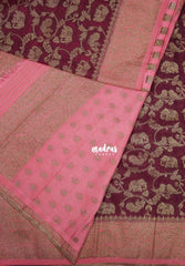 Pinkish Maroon - Durga - Traditional Banarasi Khadi Georgette Silk Saree Mayil Border with Elephant, Peacock & Birds Buttas - Perfect for Diwali Festive | Wedding Functions