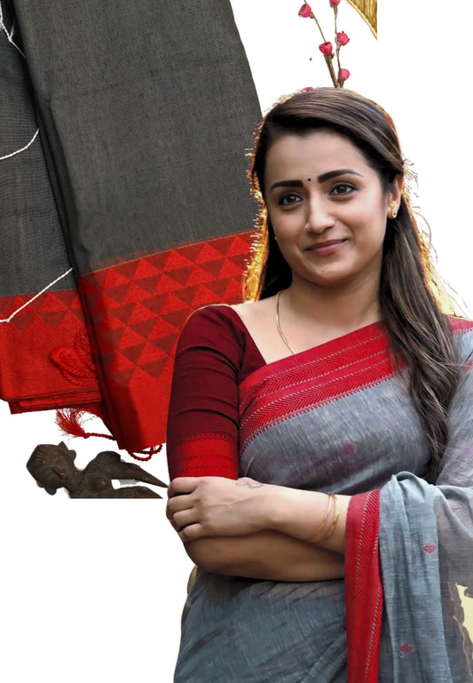 Grey with red - Trisha - cotton silk with thread border