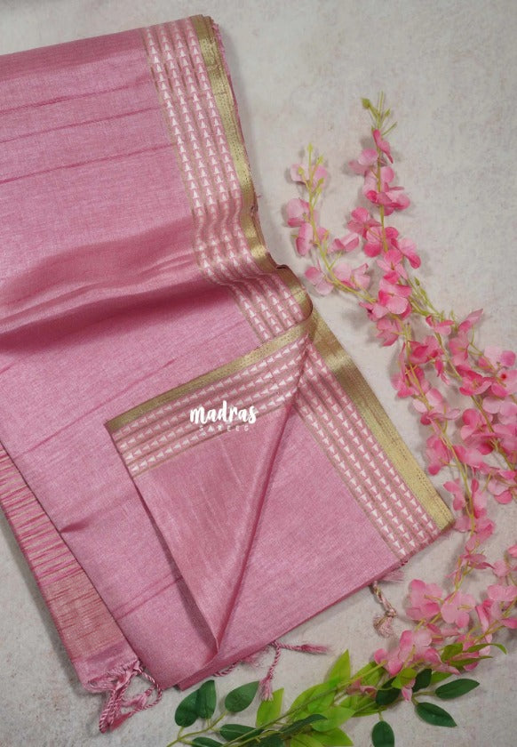 Rose Milk Pink - Jute Tussar Silk Saree Jute Grooves with Simple Border - Best for Small Functions