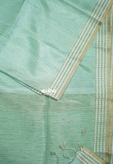 Creamy Turquoise Green - Jute Tussar Silk Saree Jute Grooves with Simple Border - Best for Small Functions