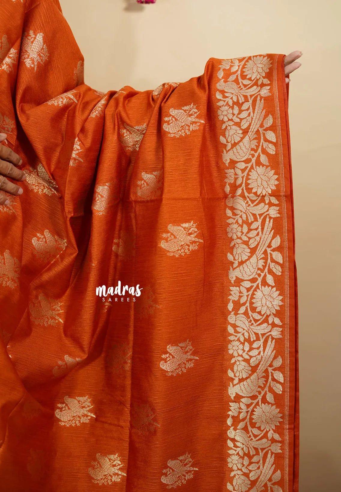 Tangerine Orange - Vadhanam - Premium Jute tussar with full birds weaving buttas and border