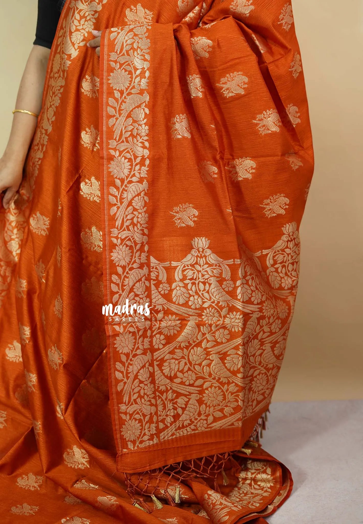 Tangerine Orange - Vadhanam - Premium Jute tussar with full birds weaving buttas and border