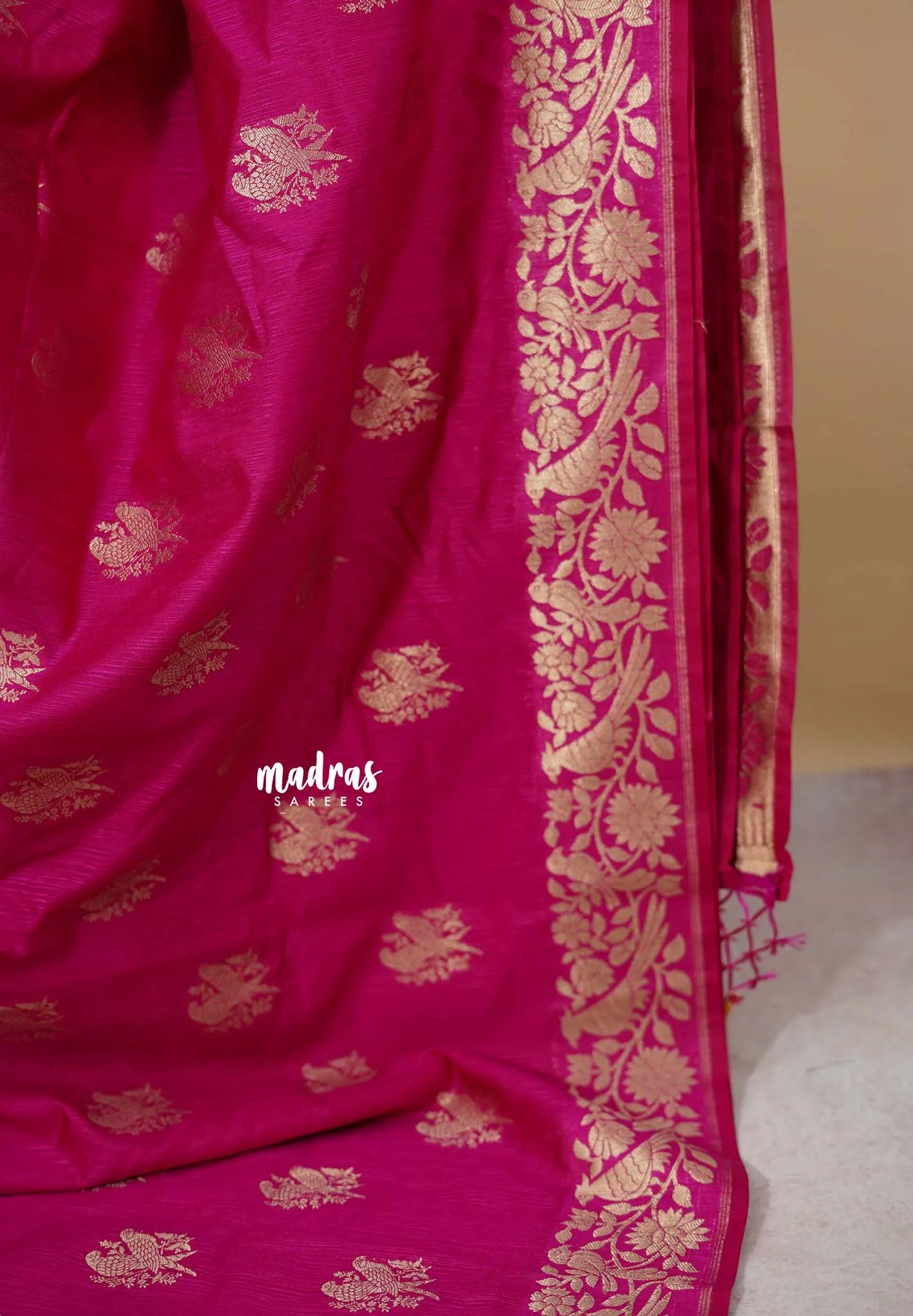 Queen's Pink - Vadhanam - Premium Jute tussar with full birds weaving buttas and border