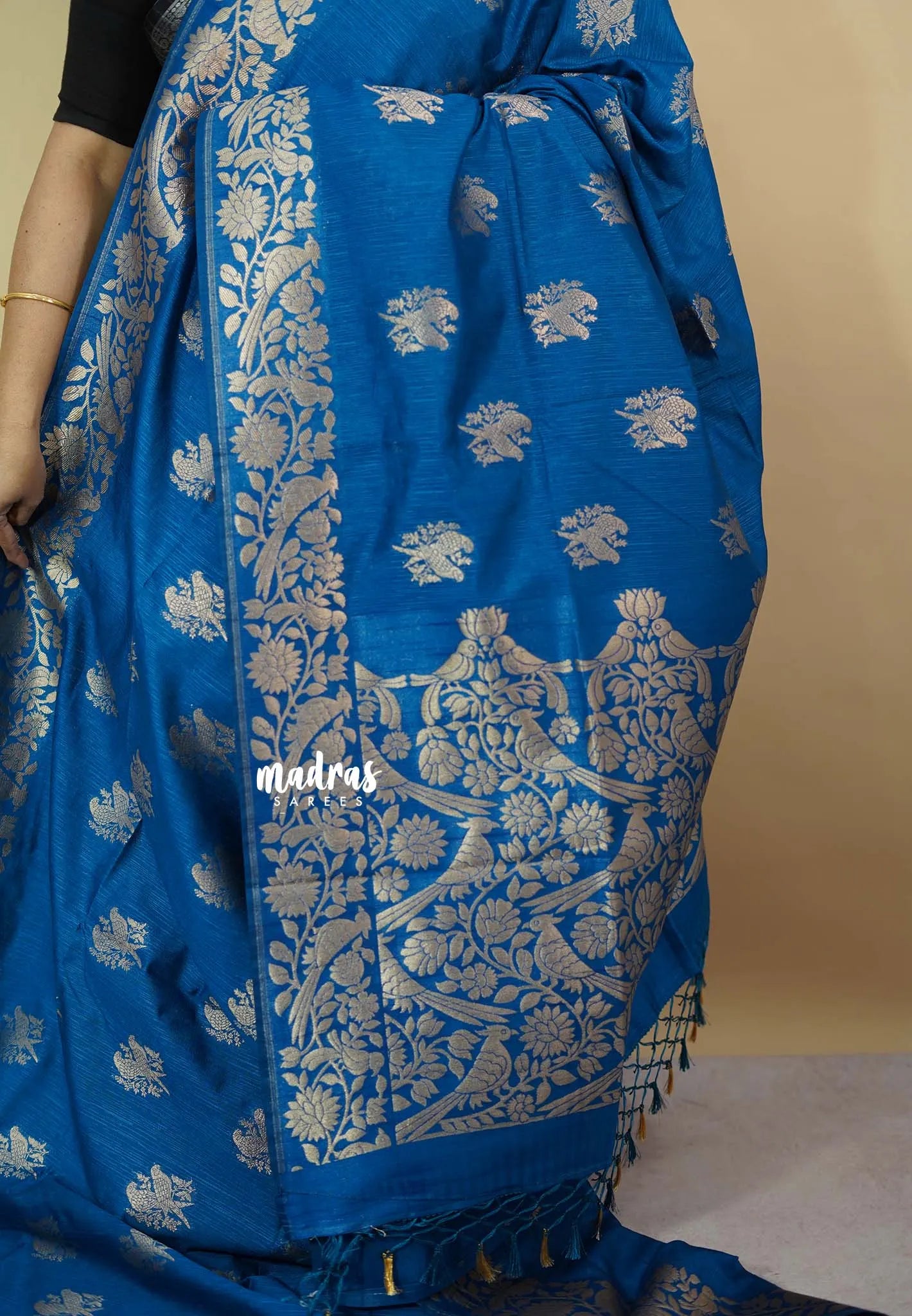 Peacock Blue - Vadhanam - Premium Jute tussar with full birds weaving buttas and border
