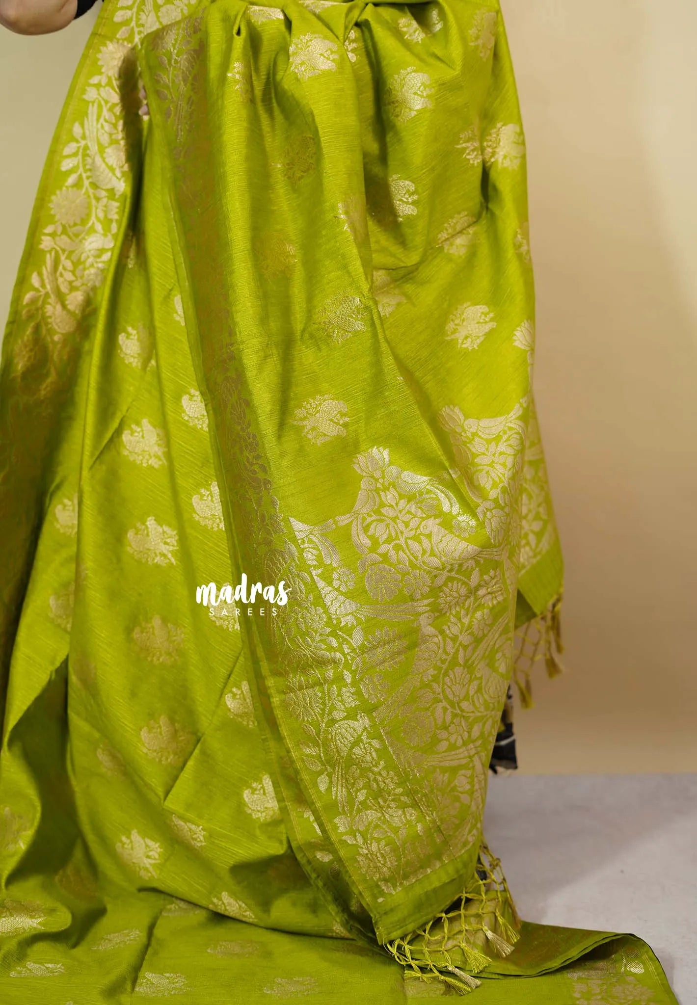 Neon Green - Vadhanam - Premium Jute tussar with full birds weaving buttas and border